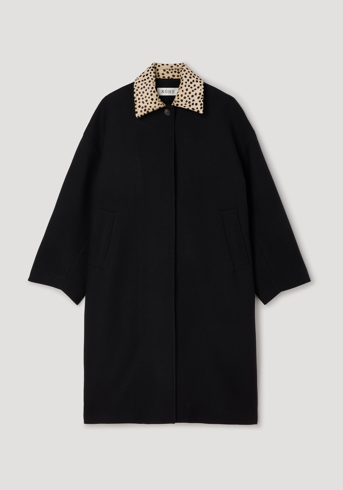 Cheetah collar wool coat | black, a long black wool coat with a contrasting cheetah print collar, concealed front closure, side pockets, and three quarter sleeves