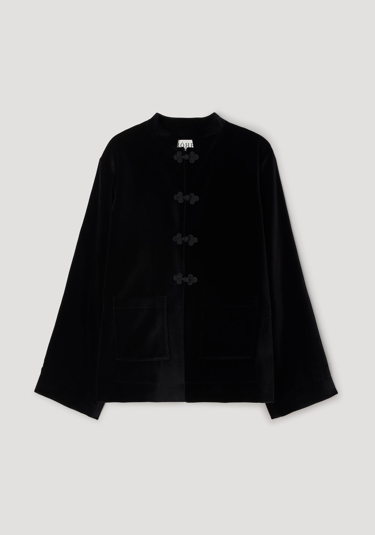 Pankou closure velvet jacket | black with traditional knot buttons down the front, long sleeves, patch pockets, and a soft, smooth texture ideal for elegant layering.