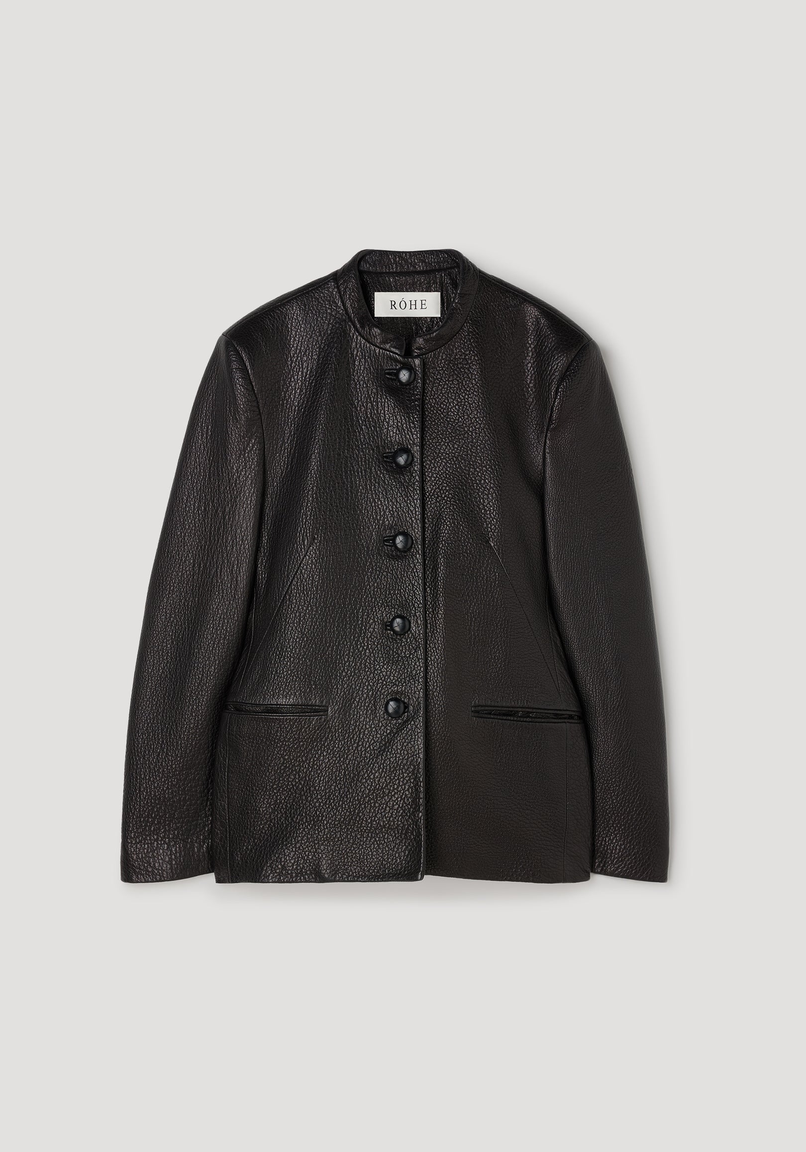 Shaped grain leather jacket | black with a sleek button-up front, mandarin collar, and subtle textured finish, displayed on a neutral background.