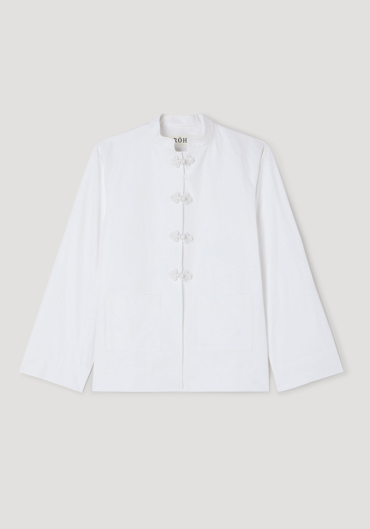 Pankou closure crushed jacket | optic white featuring a minimalist design with traditional pankou knot buttons and long sleeves on a clean white fabric.