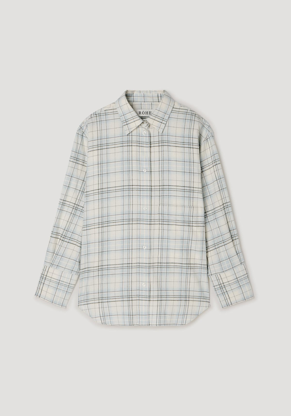 Flannel check overshirt | sea green check laid flat with a light checked pattern, button front, pointed collar, long sleeves, and curved hem