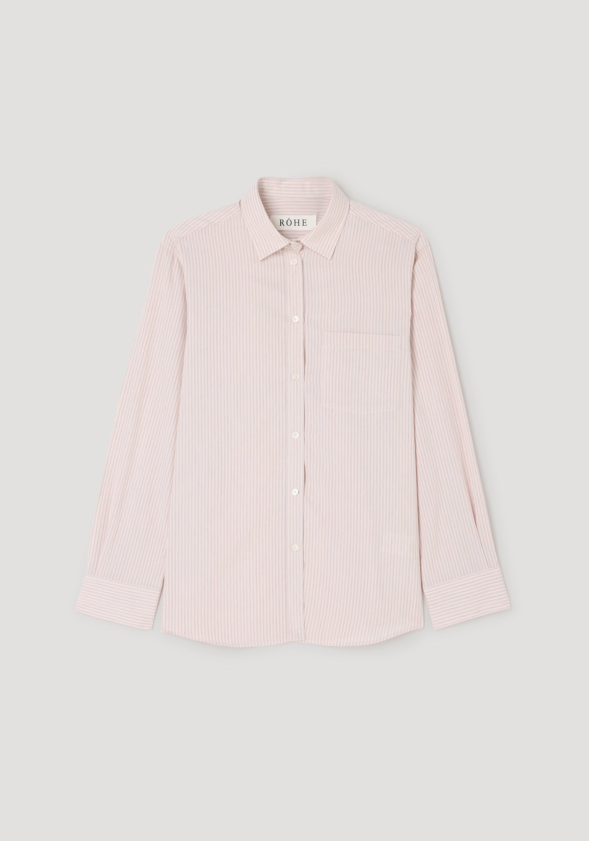 Classic fit striped shirt | rose stripe in light pink with thin vertical stripes, long sleeves, button-down front, collar, and chest pocket, laid flat on a neutral background.
