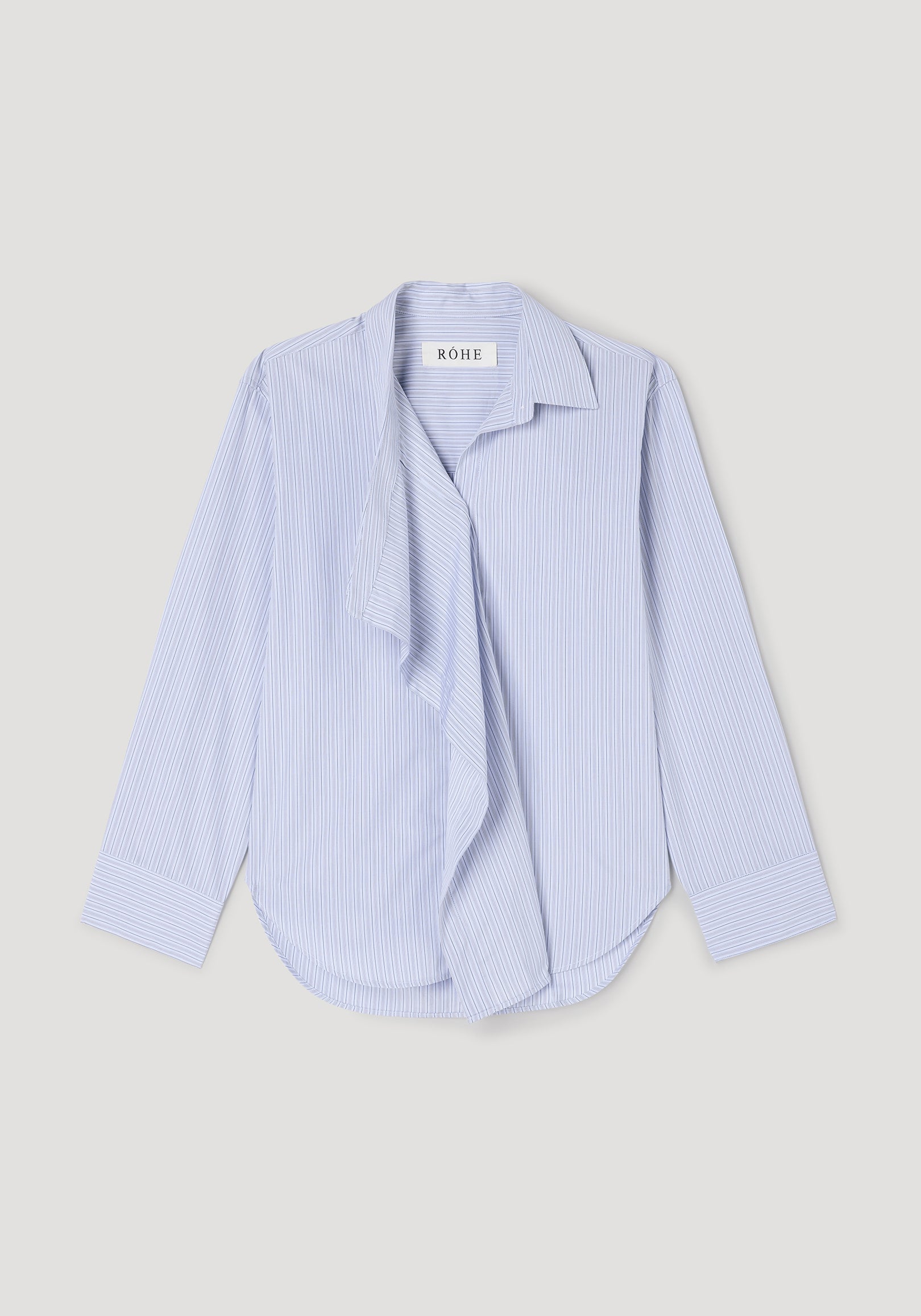 Draped collar shirt | blue stripe in pale blue with fine vertical stripes, long sleeves, and a relaxed draped collar displayed flat against a neutral background