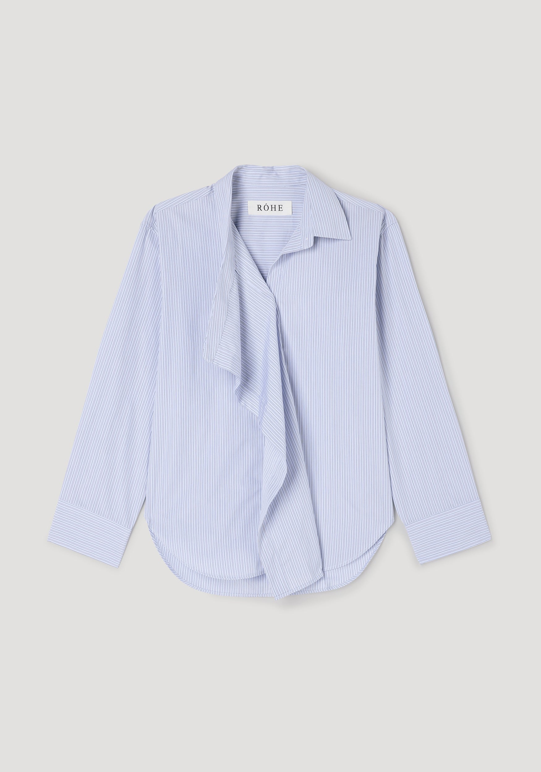 Draped collar shirt | blue stripe in pale blue with fine vertical stripes, long sleeves, and a relaxed draped collar displayed flat against a neutral background