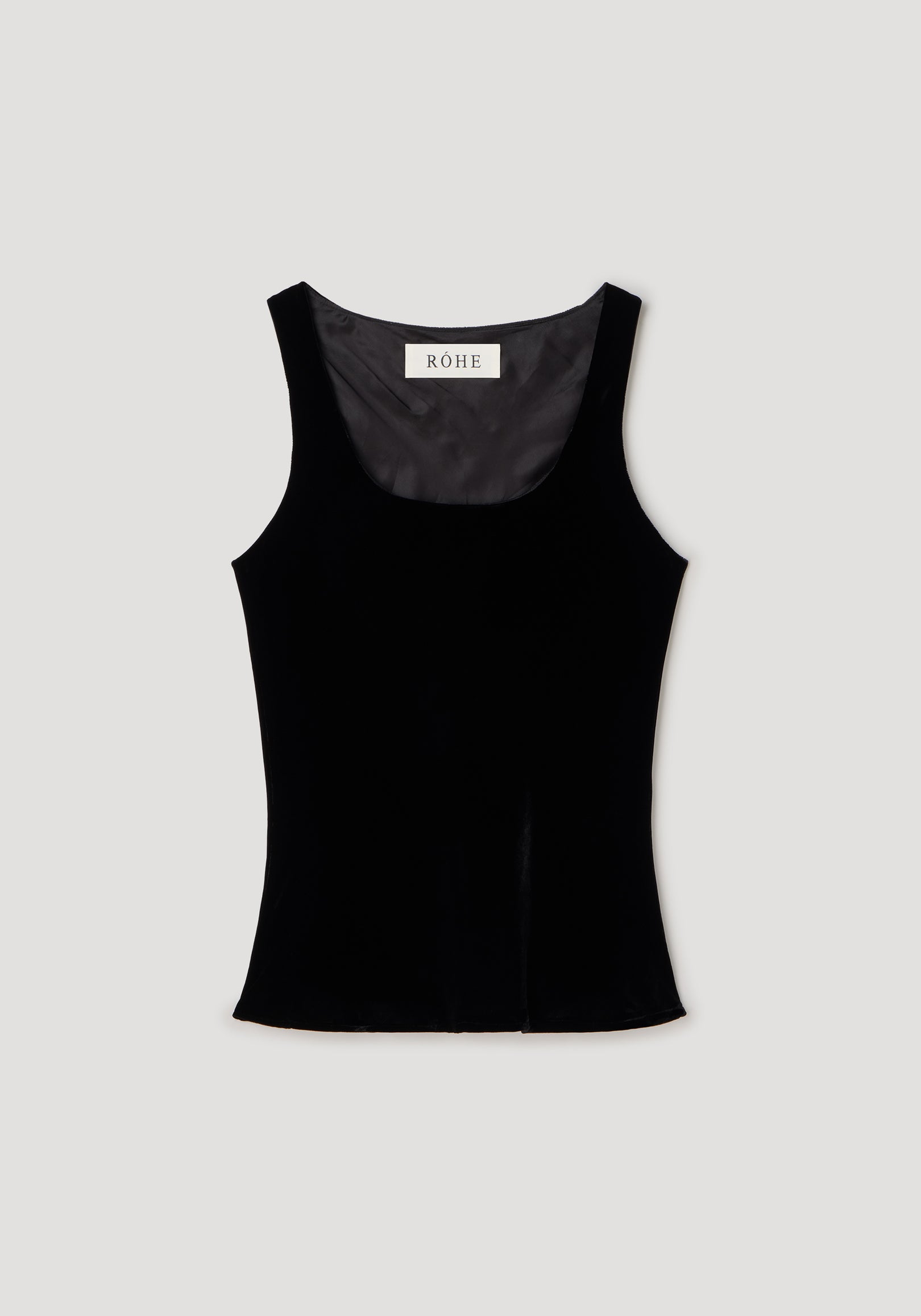 Scoop-neck silk velvet top | black sleeveless fitted tank with smooth texture and a subtle sheen, perfect for elegant and versatile styling.