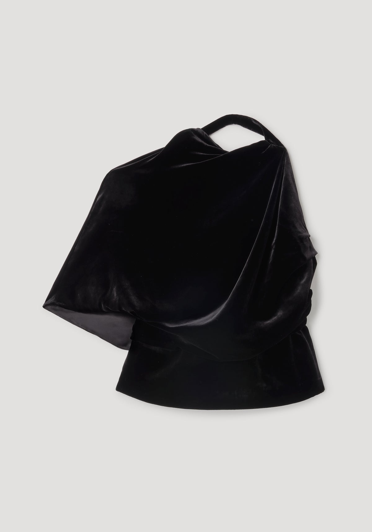 Draped open back silk velvet top | black, shown from the back with a flowing draped silhouette and open back detail on a neutral background