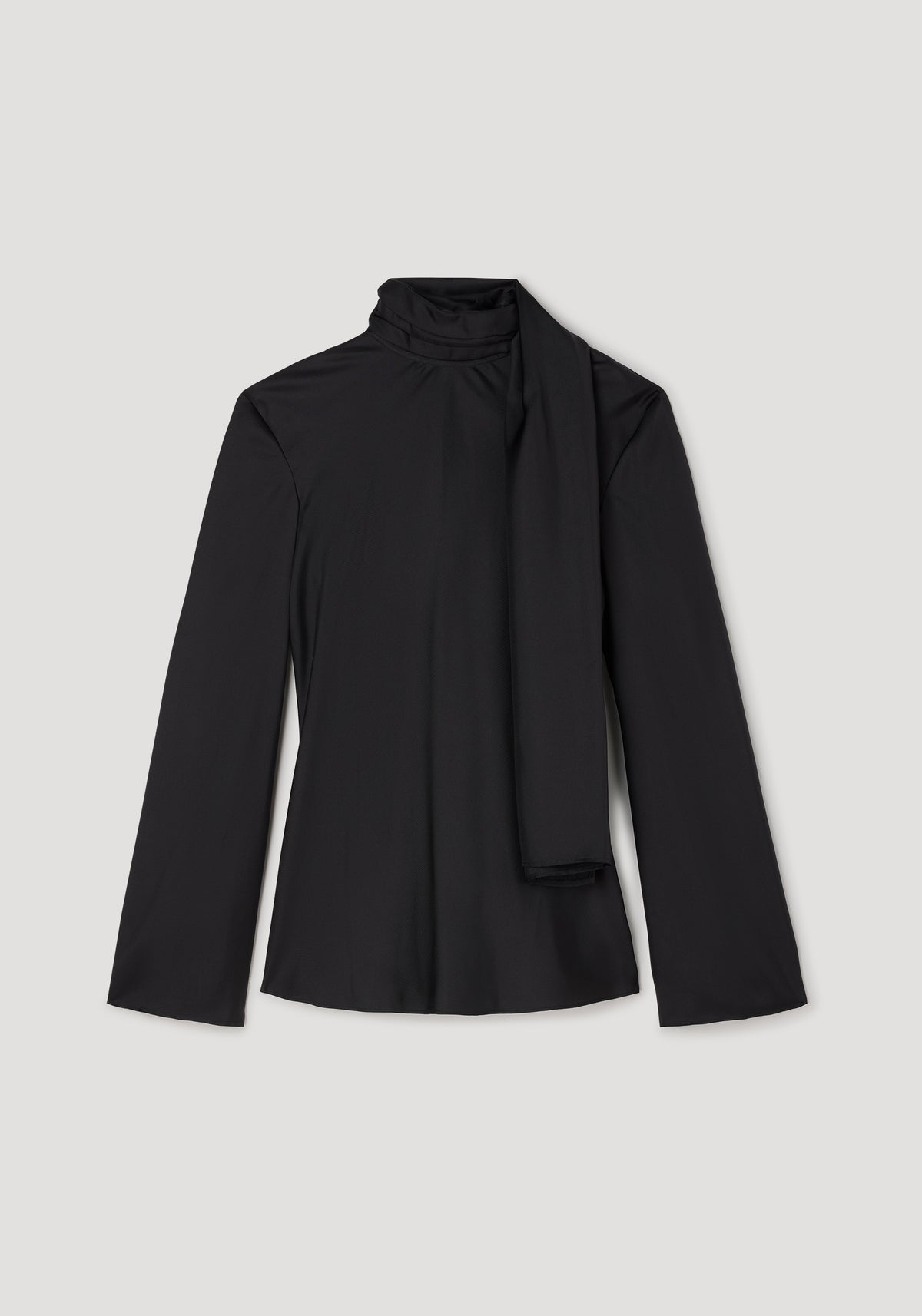 Silk foulard top | black with long sleeves and a high neck, featuring an attached scarf detail, displayed flat on a light background.