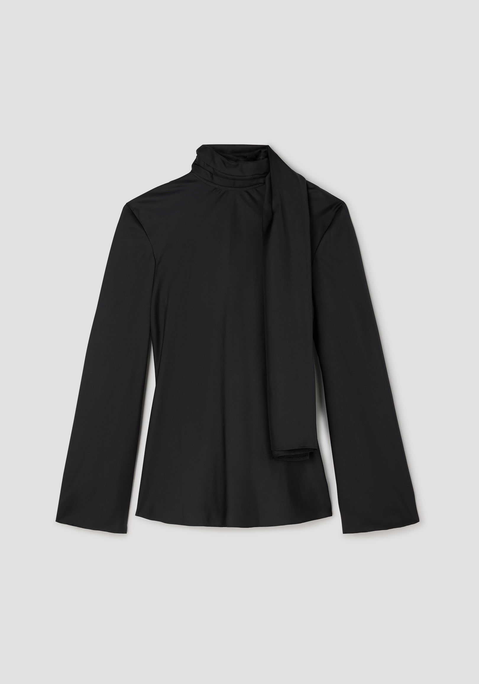 Silk foulard top | black with long sleeves and a high neck, featuring an attached scarf detail, displayed flat on a light background.