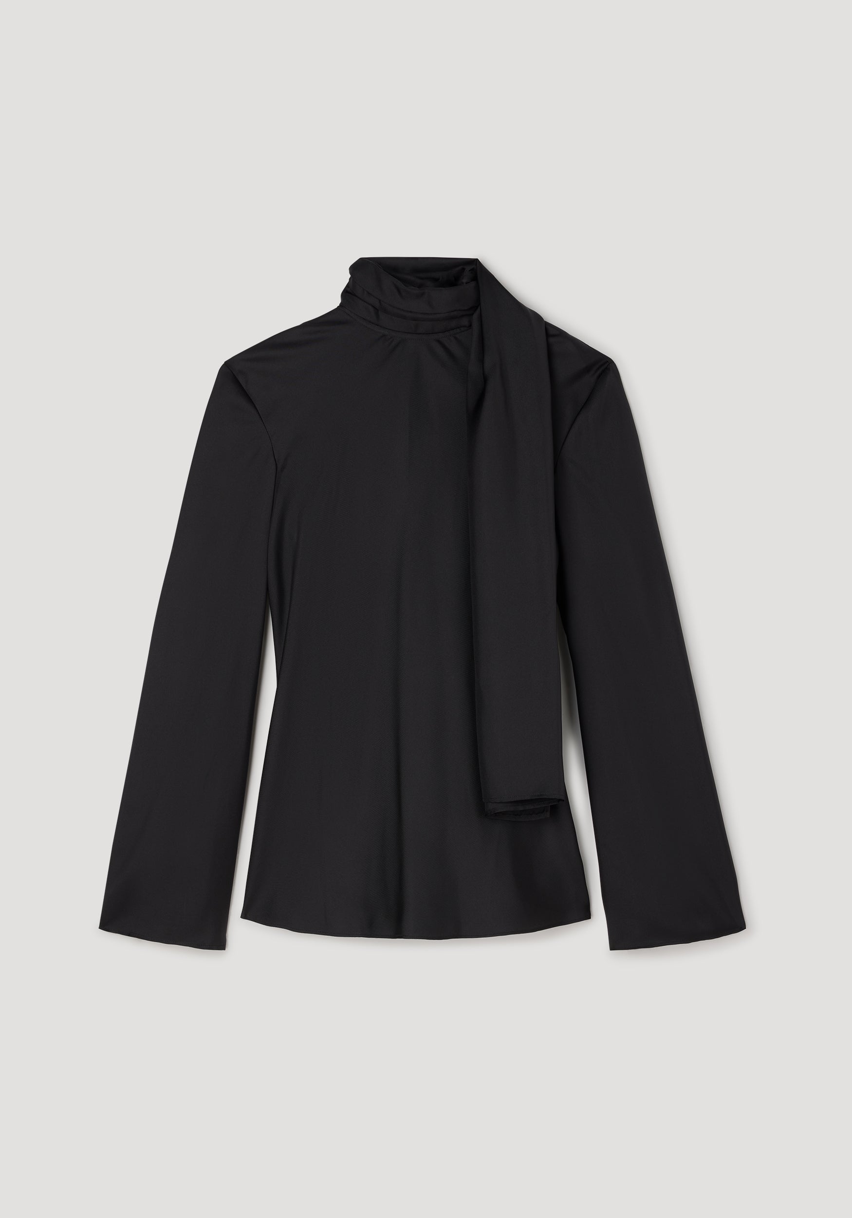 Silk foulard top | black with long sleeves and a high neck, featuring an attached scarf detail, displayed flat on a light background.