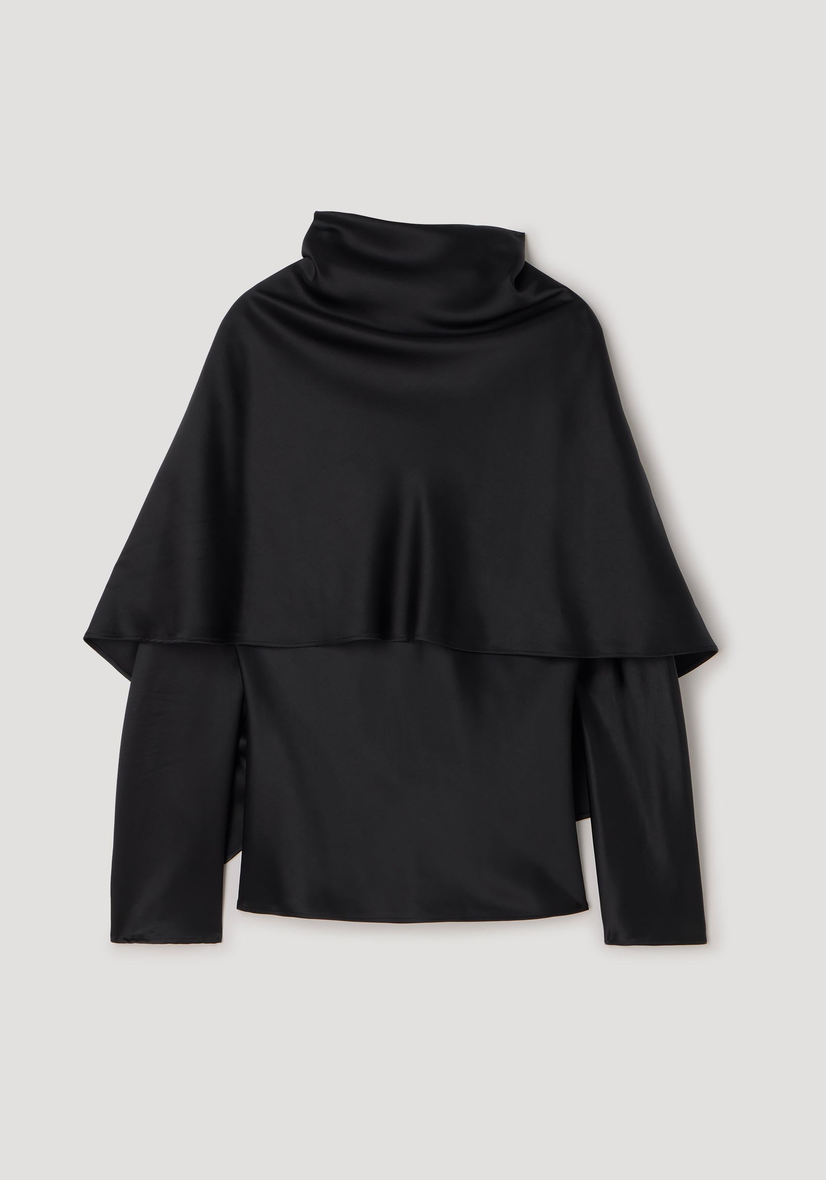 Black satin cape top with long sleeves and a high neck, featuring a smooth, flowing cape overlay for an elegant and sophisticated look, Satin cape top | black.