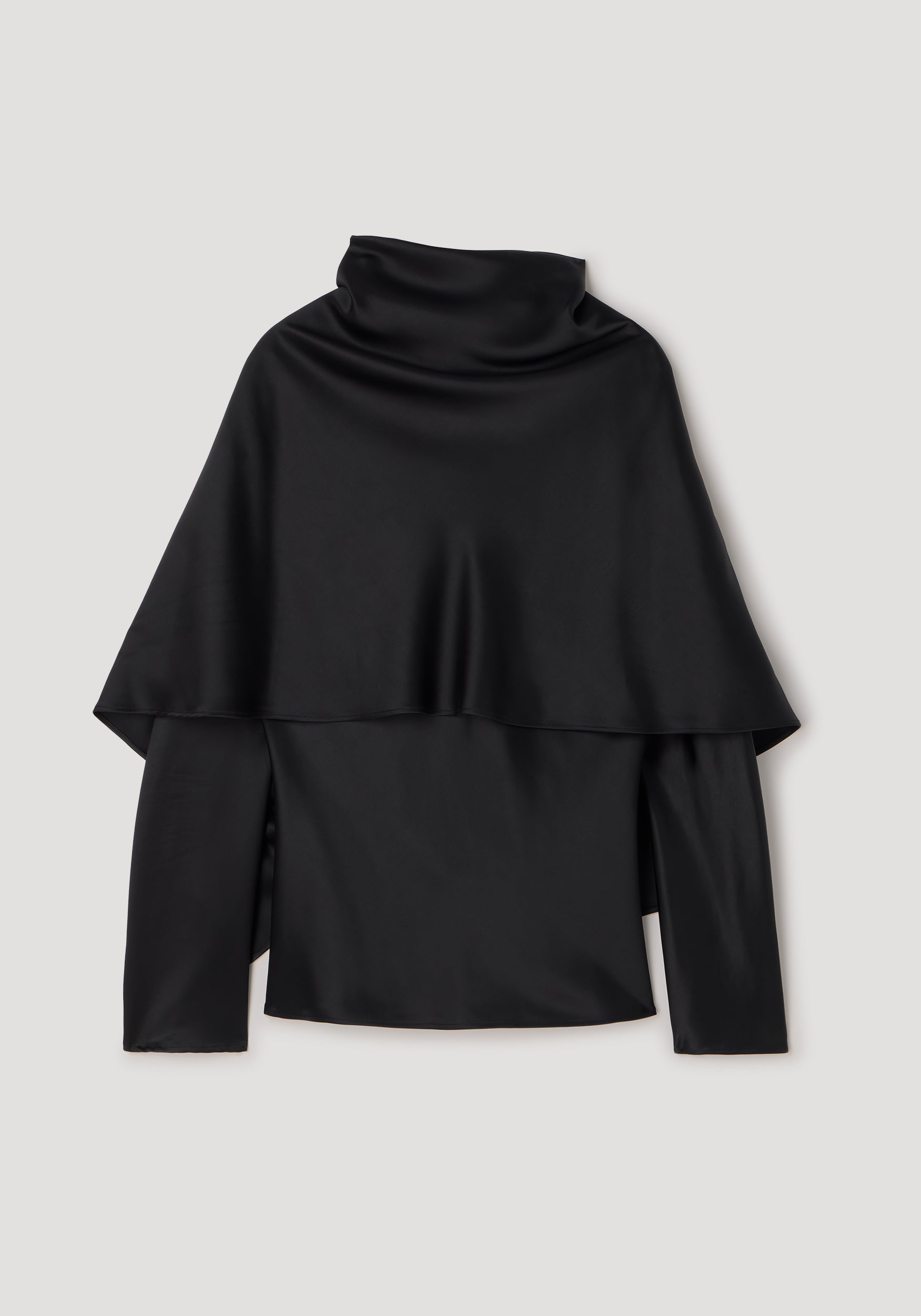 Black satin cape top with long sleeves and a high neck, featuring a smooth, flowing cape overlay for an elegant and sophisticated look, Satin cape top | black.