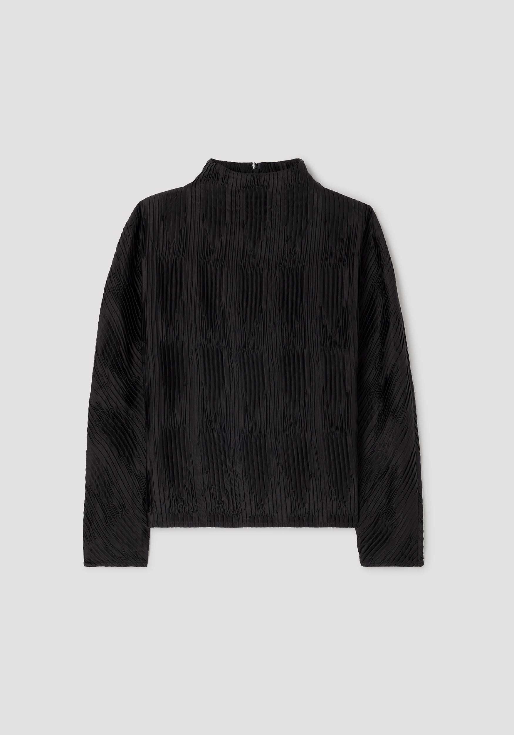 Plissé shaped top | black with long sleeves, a high neckline, and a textured pleated fabric pattern laid flat on a light background.