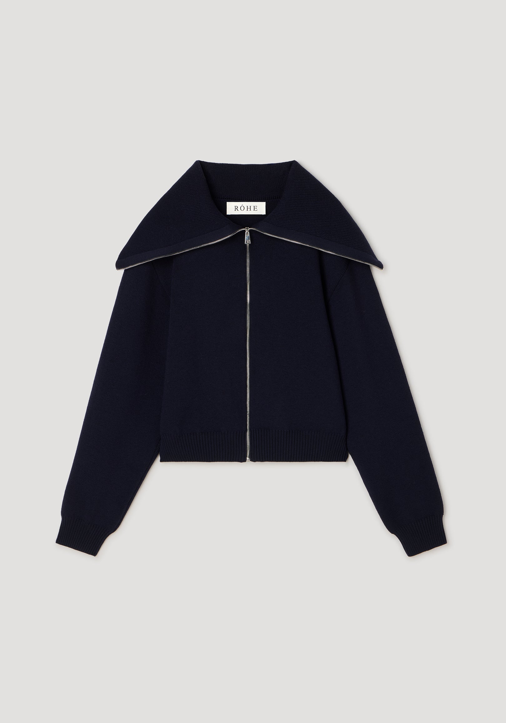 Two way sailor zip cardigan | navy with long sleeves, wide collar, and front zipper closure, displayed flat on a neutral background.