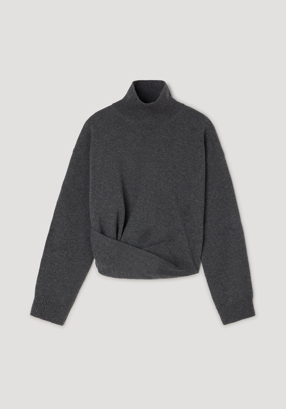 Sculptural turtleneck | dark grey melange with long sleeves, ribbed cuffs, and a twisted detail at the hem made from soft knit fabric.