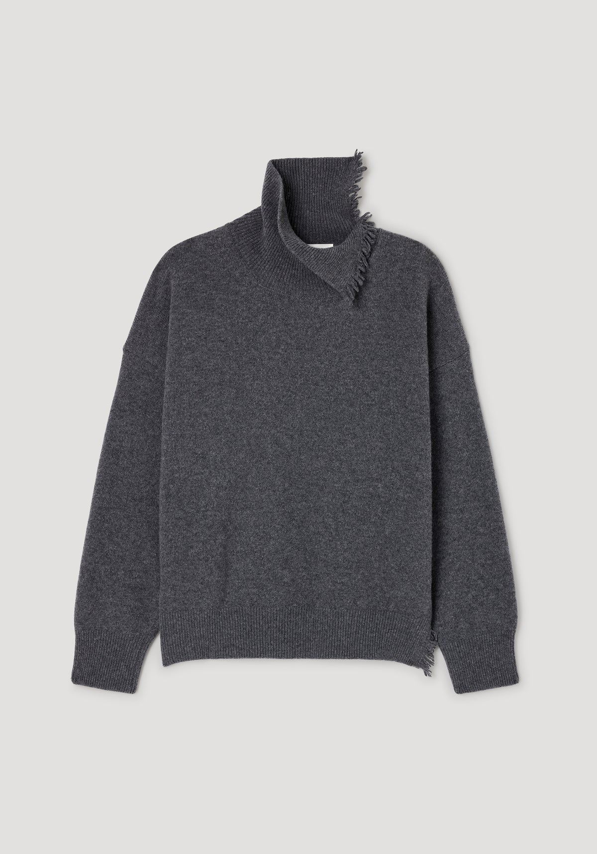 Turtleneck with raw details | dark grey melange sweater featuring a high collar with raw edge design, long sleeves, and a relaxed fit in soft textured fabric.