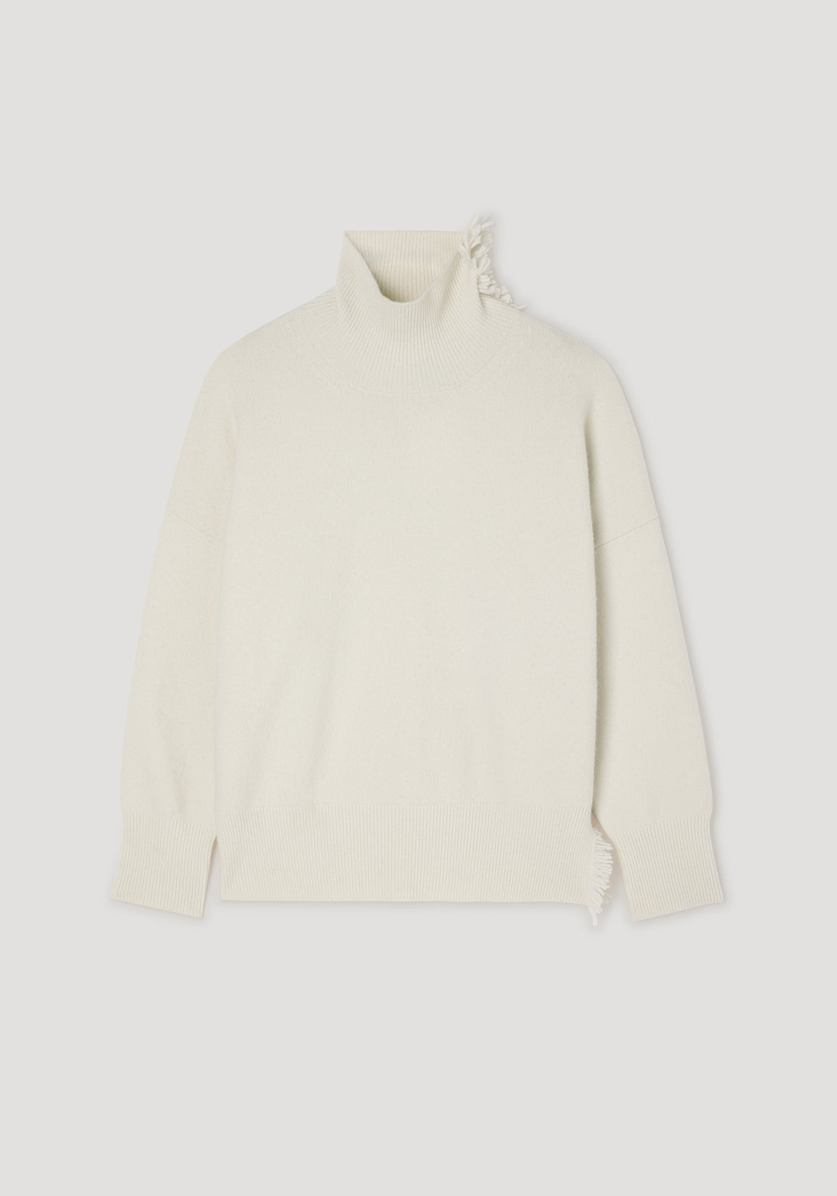 Turtleneck with raw details | off white, featuring a high neck with raw edge accents, long sleeves, and a relaxed fit in a soft, light cream fabric.