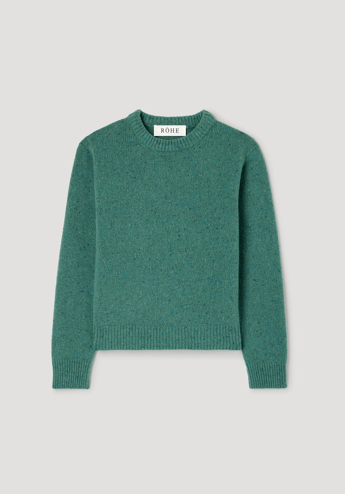 Fitted mouliné crewneck | jade mouliné, jade green knit sweater with a ribbed crew neckline, cuffs, hem, and long sleeves shown against a neutral background