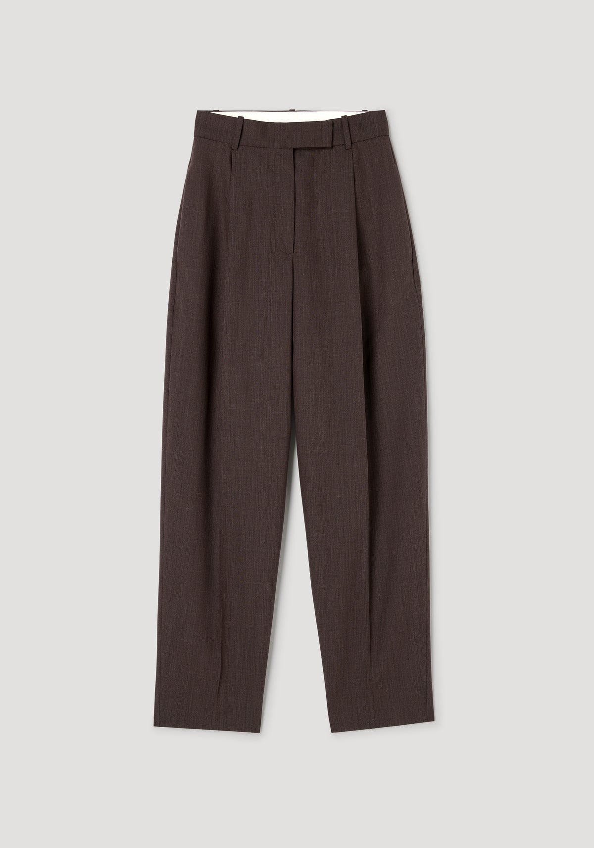 Daria - Single pleat straight leg trousers | dark brown laid flat on a light background, showing the waistband, single pleat, straight legs, and front pockets.