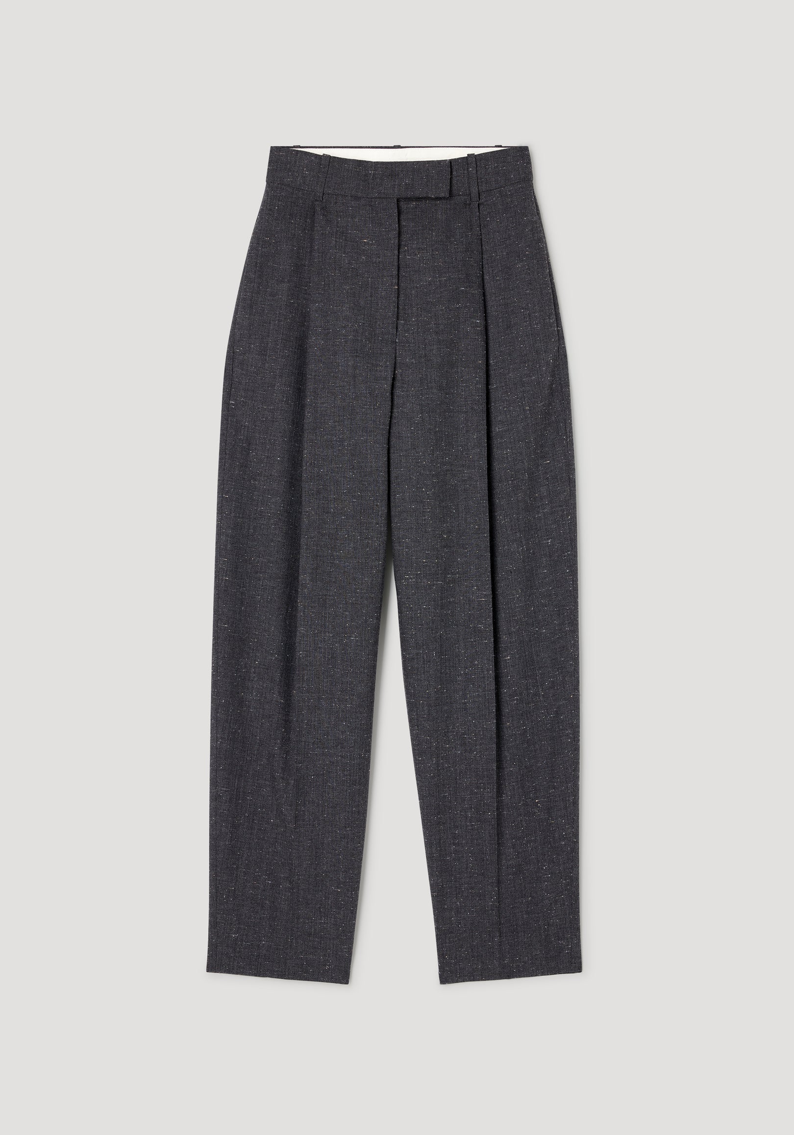 Daria - Single pleat straight leg trousers | grey slub displayed flat, featuring a high waist, front pleats, and a tailored straight leg silhouette in a textured grey fabric.