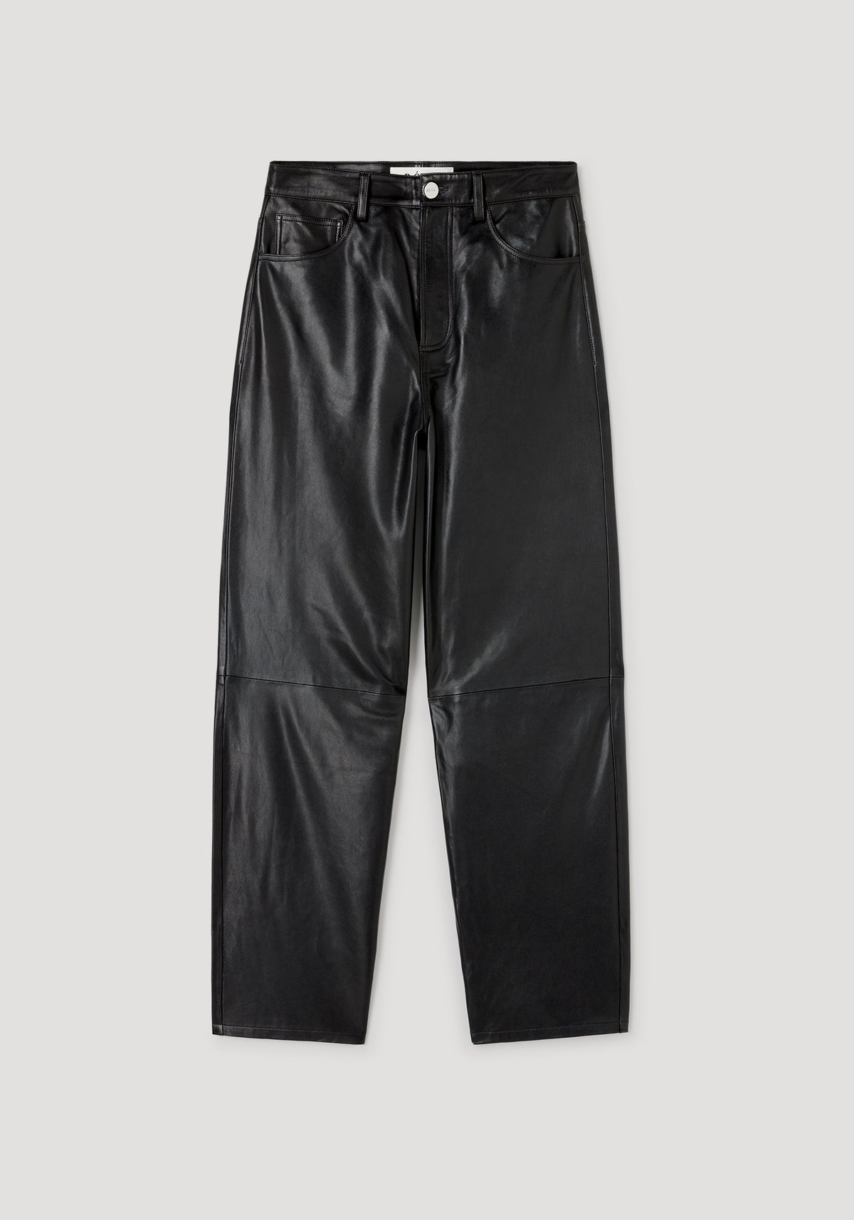 Bruun - Leather baggy trousers | anthracite, dark leather trousers displayed flat with five-pocket styling, button closure, and relaxed wide legs