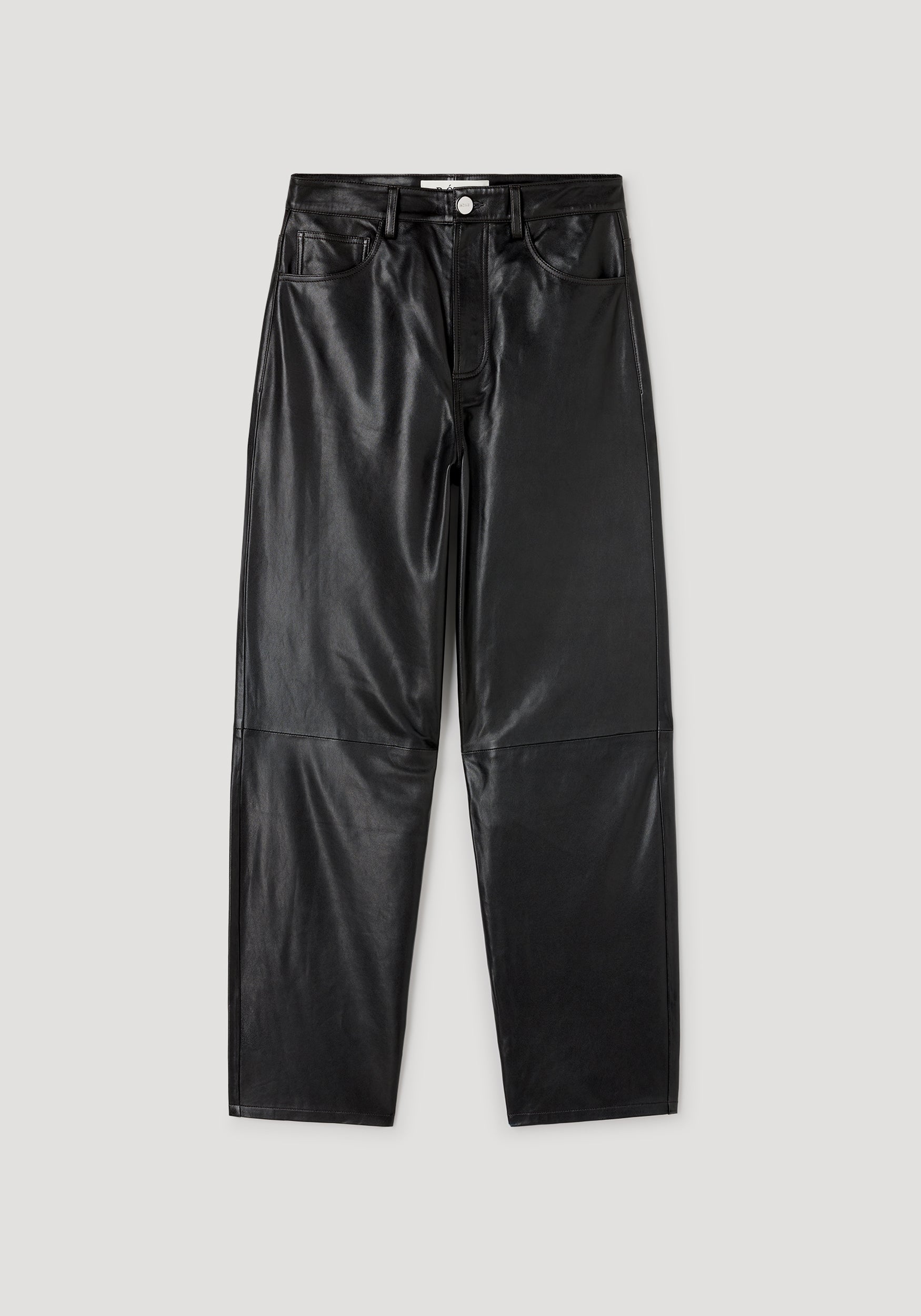 Bruun - Leather baggy trousers | anthracite, dark leather trousers displayed flat with five-pocket styling, button closure, and relaxed wide legs