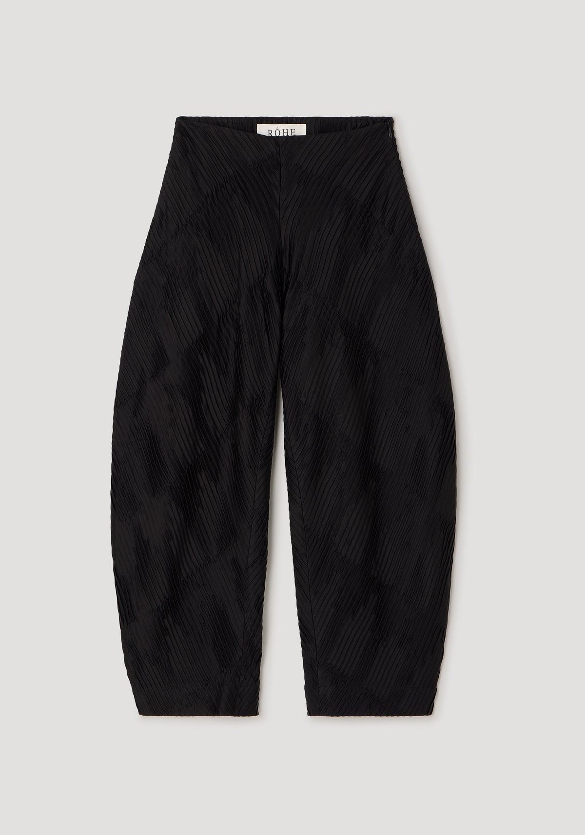 Plissé satin trousers | black with a textured pleated design and a relaxed fit, featuring a high waist and wide legs for a stylish, comfortable look.