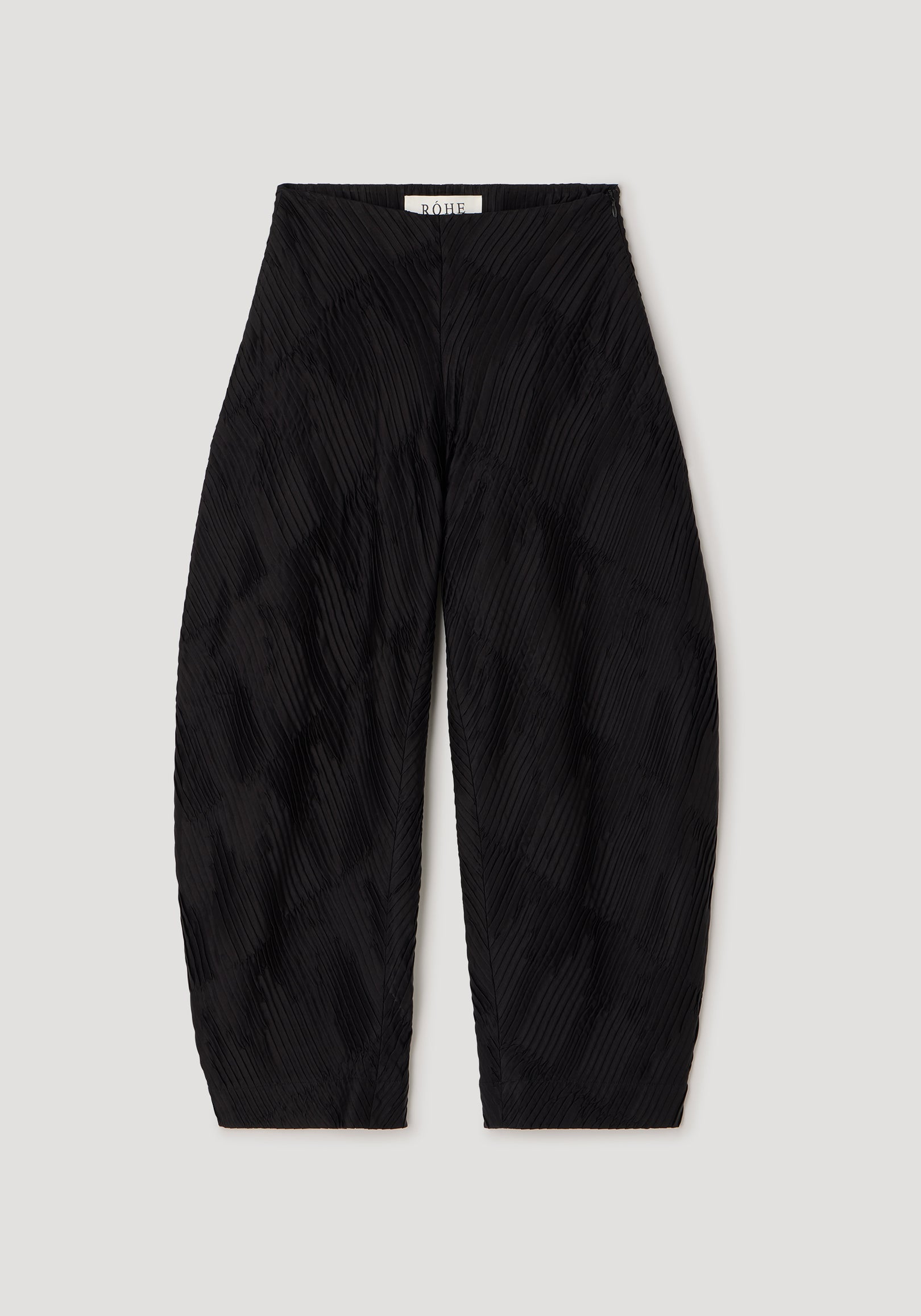 Plissé satin trousers | black with a textured pleated design and a relaxed fit, featuring a high waist and wide legs for a stylish, comfortable look.