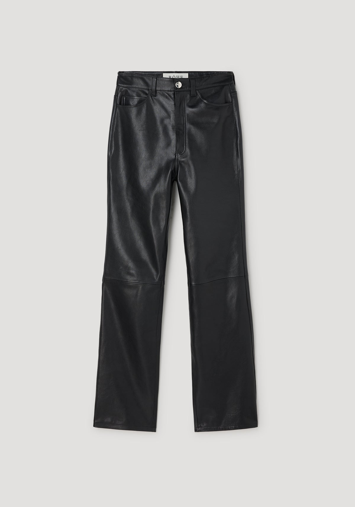 High-waist straight leather trousers | black displayed flat on a light background, featuring a button and zip closure with front and back pockets in sleek black leather.