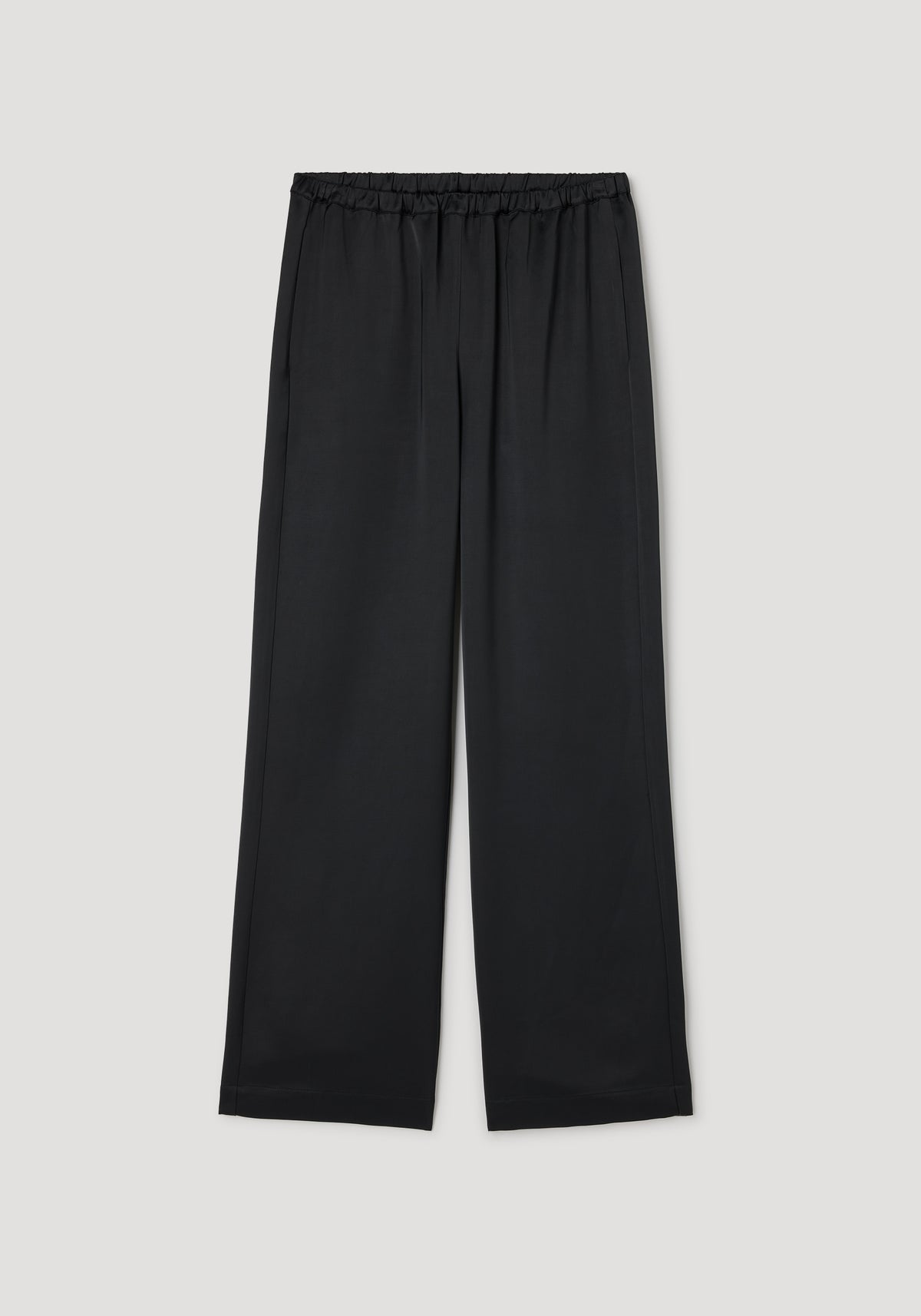 Relaxed fit satin trousers | black displayed flat with an elastic waistband and wide legs, made from smooth, shiny satin fabric for a comfortable yet elegant look.