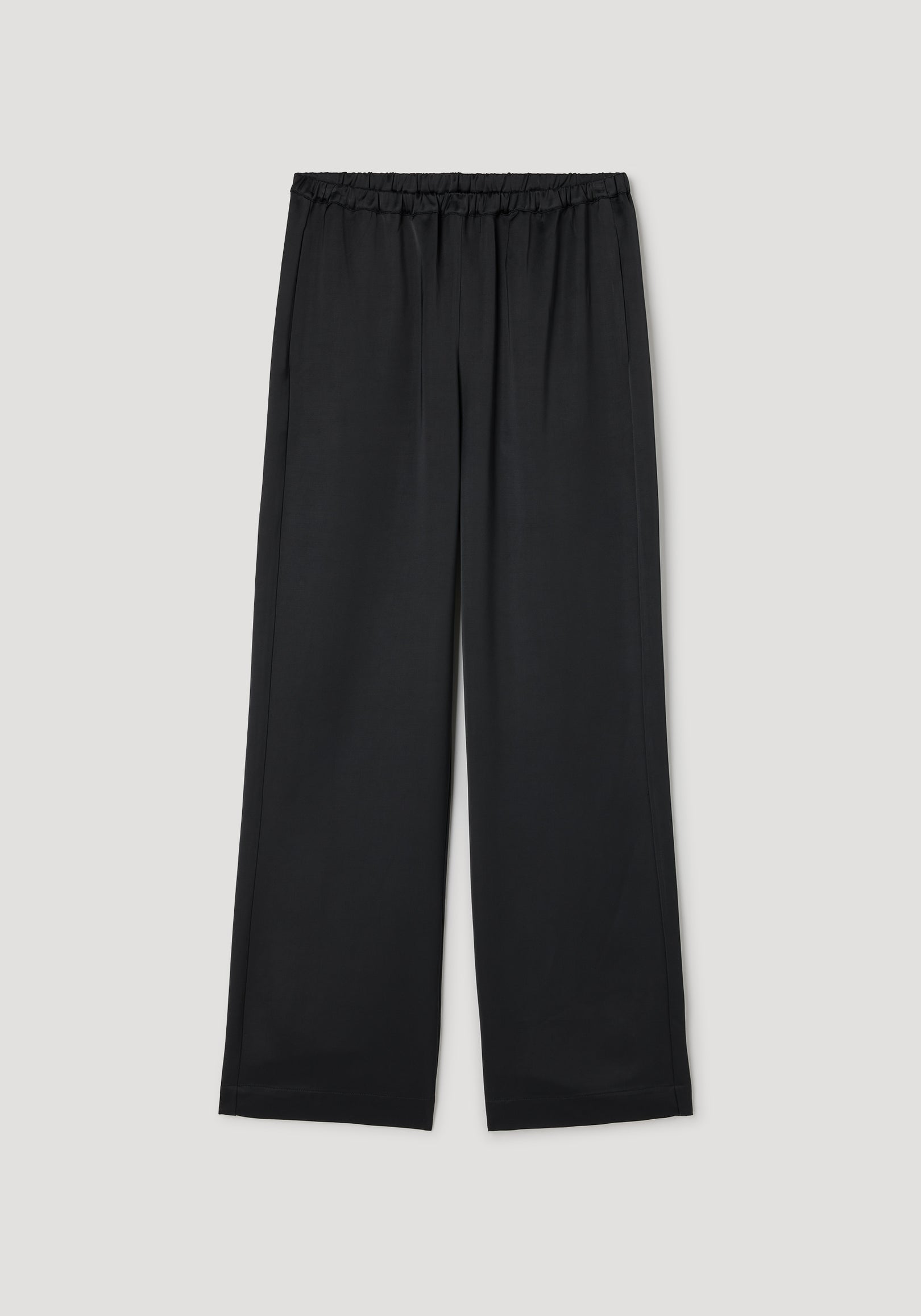 Relaxed fit satin trousers | black displayed flat with an elastic waistband and wide legs, made from smooth, shiny satin fabric for a comfortable yet elegant look.