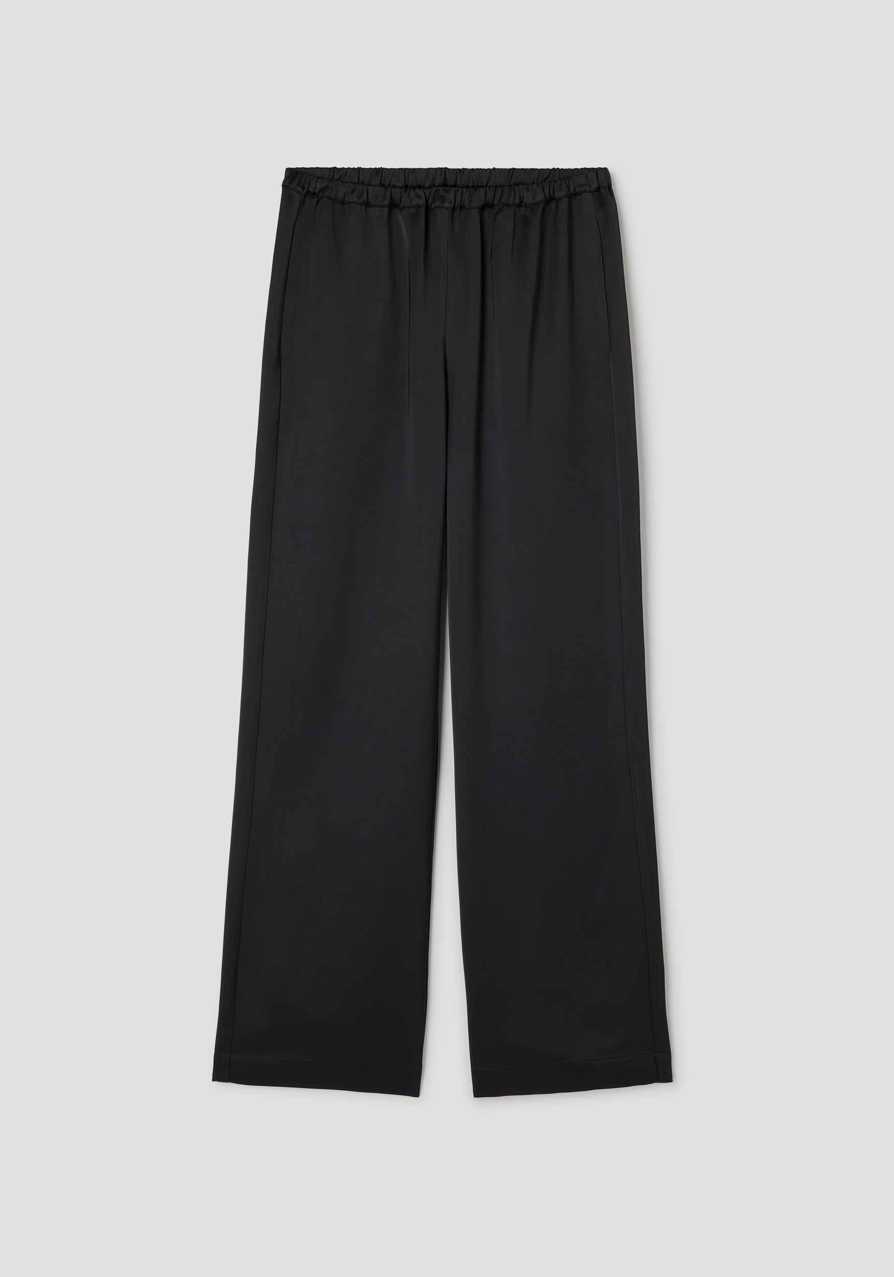 Relaxed fit satin trousers | black displayed flat with an elastic waistband and wide legs, made from smooth, shiny satin fabric for a comfortable yet elegant look.