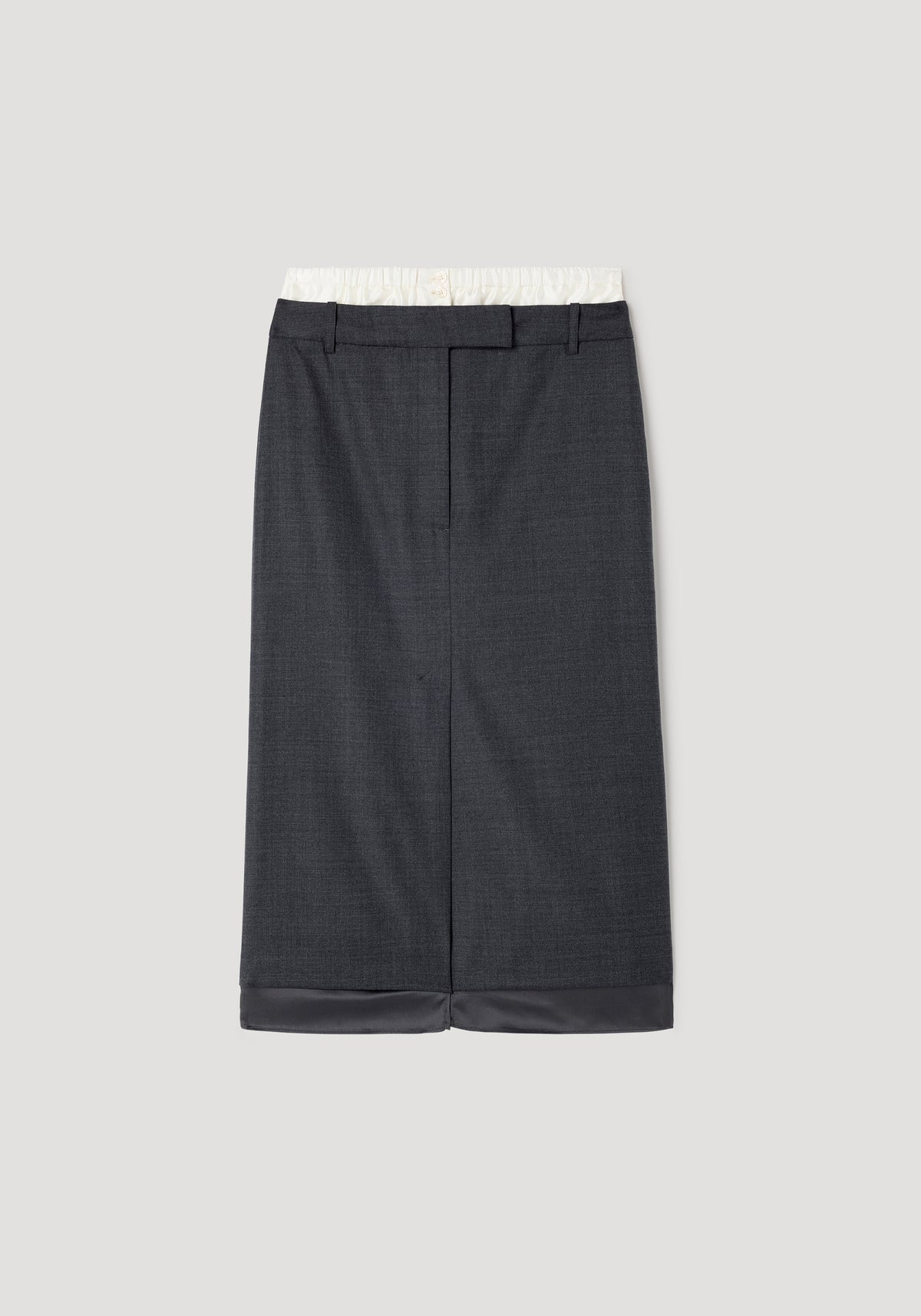 Boxer detailed skirt | dark grey melange, knee-length with a tailored fit, featuring belt loops, a front seam, and contrasting inner waistband and hem detailing.