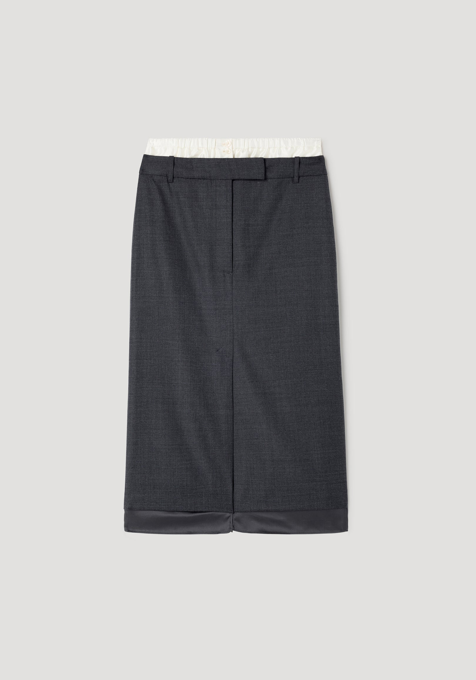 Boxer detailed skirt | dark grey melange, knee-length with a tailored fit, featuring belt loops, a front seam, and contrasting inner waistband and hem detailing.