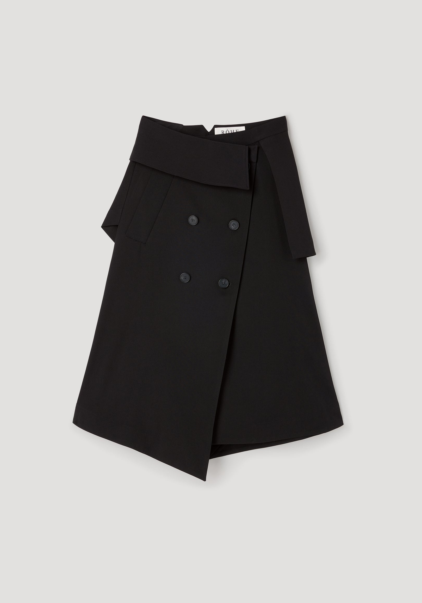 Black asymmetrical skirt with double-breasted button details and a wide belt, styled in a modern, deconstructed trench design, named Deconstructed trench skirt | black.