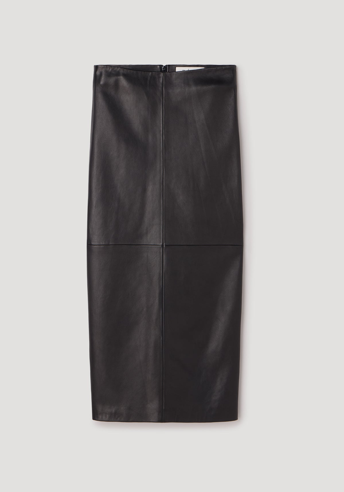 Elongated leather skirt | black displayed flat on a neutral background showing a sleek and smooth texture with visible seam details and a rear zipper closure.