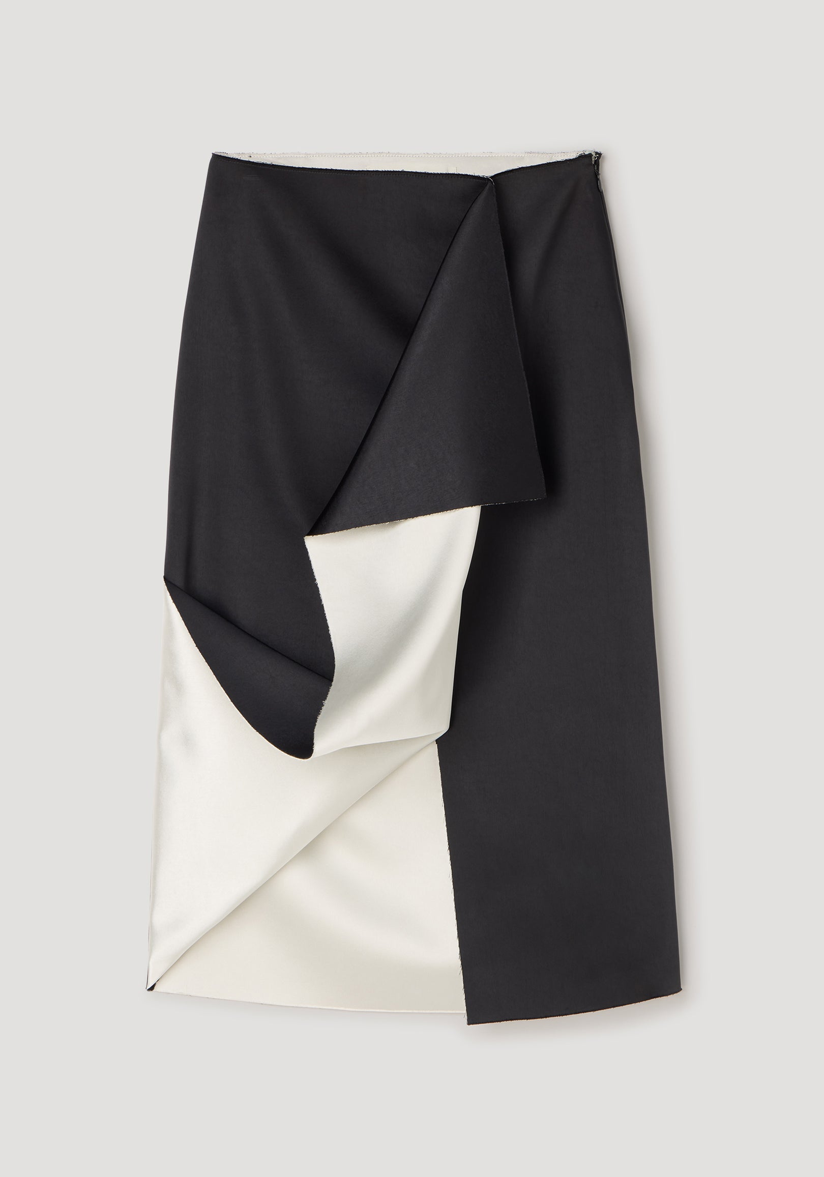 Sculptural double-satin skirt | black/white featuring a layered design with contrasting black outer satin and white inner satin fabric draping in a structured style.