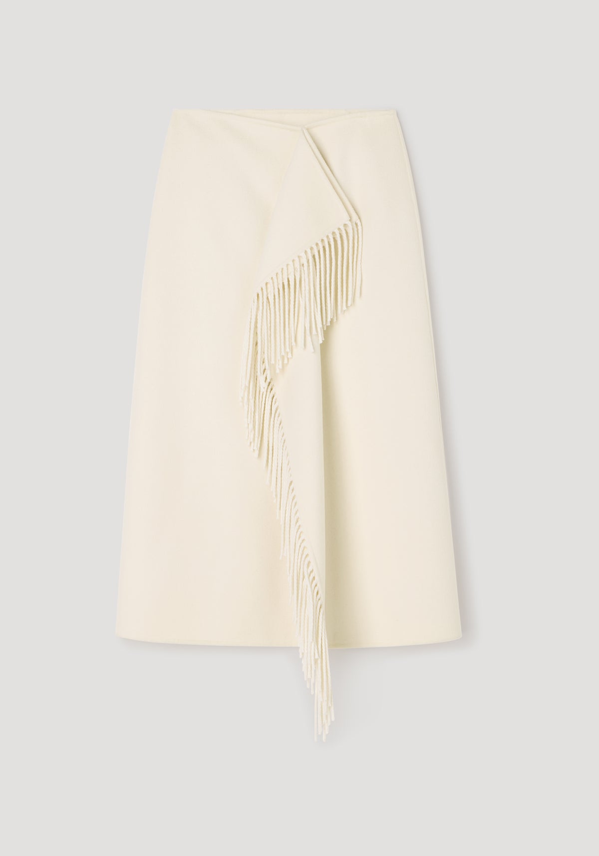 Double-faced fringe skirt | off white with an asymmetrical fringe detail cascading down the front, made from smooth fabric for a sleek and stylish look.