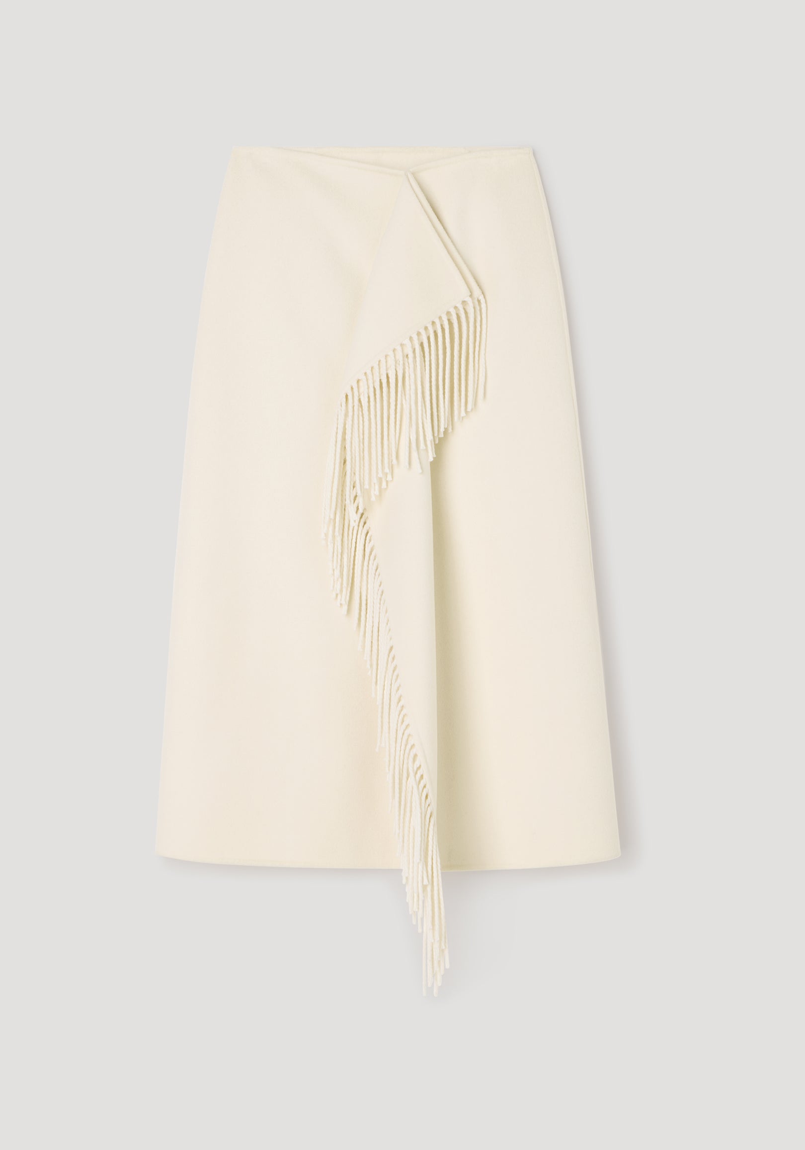 Double-faced fringe skirt | off white with an asymmetrical fringe detail cascading down the front, made from smooth fabric for a sleek and stylish look.