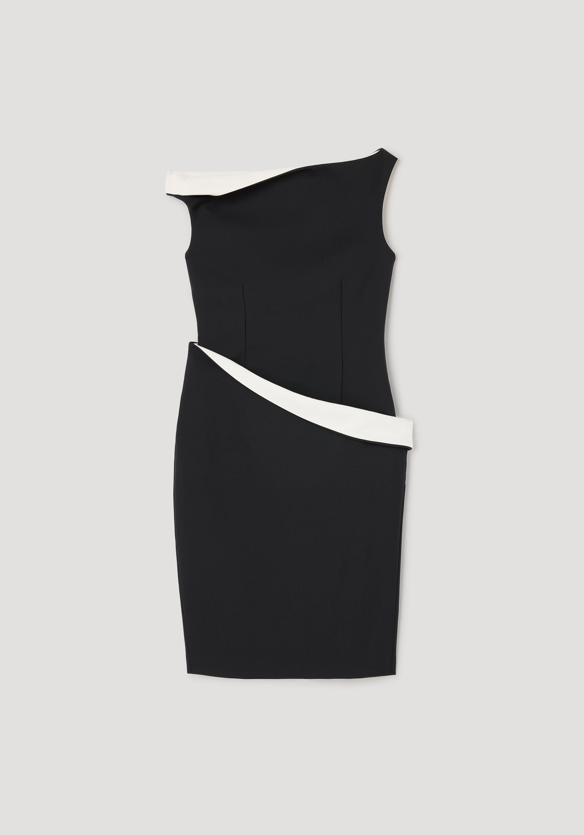 Sleek sculptural off shoulder dress | black featuring an asymmetrical neckline and white trim details, designed for a sophisticated and modern silhouette.