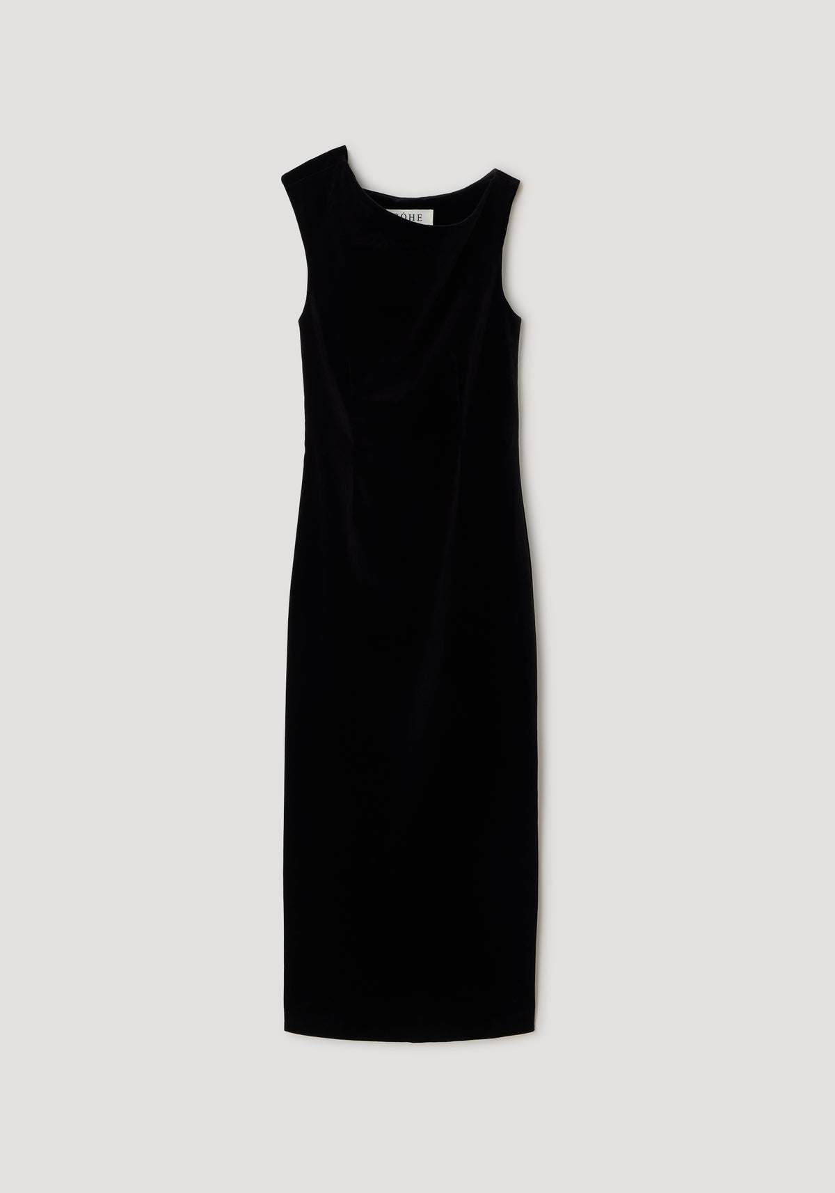 Sculptural off-shoulder velvet gown | black, a sleek floor-length black velvet dress with a sculpted neckline and fitted silhouette shown against a neutral background