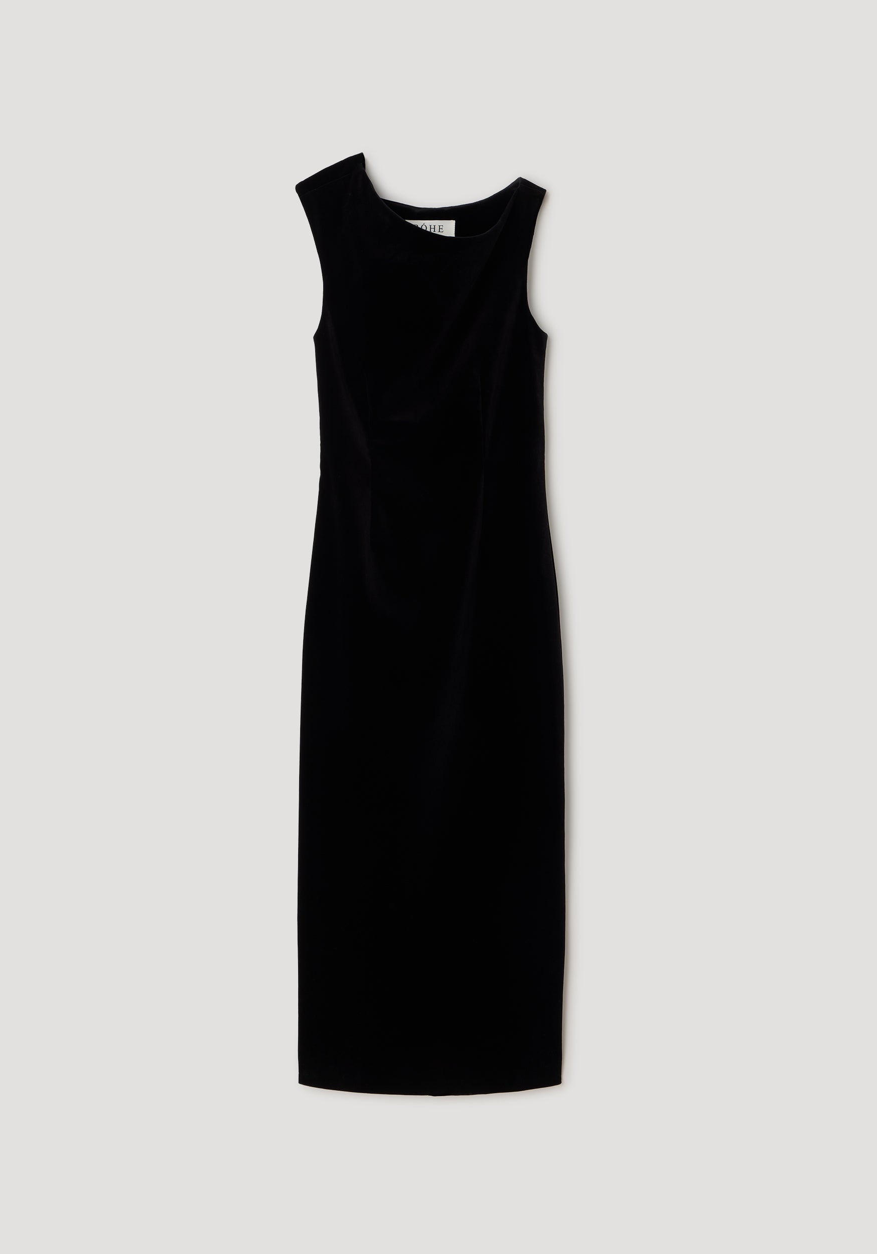 Sculptural off-shoulder velvet gown | black, a sleek floor-length black velvet dress with a sculpted neckline and fitted silhouette shown against a neutral background