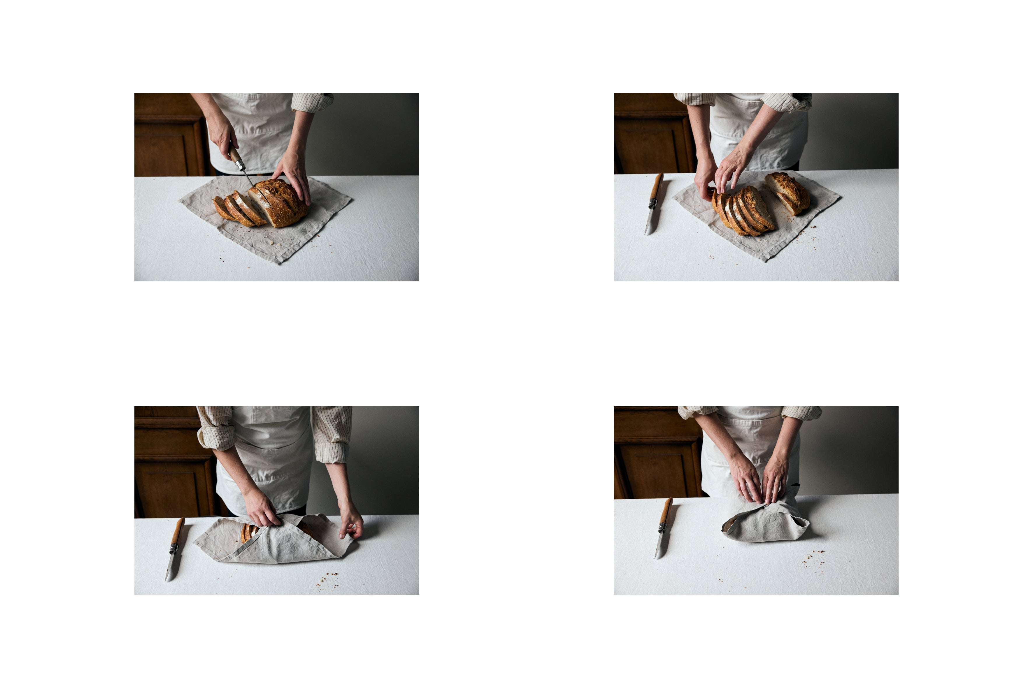 4 images showing a person cutting a sourdough bread and wrapping it in linnen