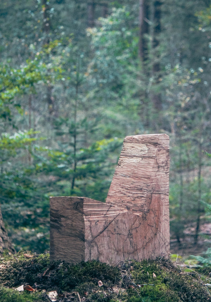 Brutalist Chair | 5788: A handcrafted oak wood chair with rough chainsaw cuts, set in a forest, highlighting its sculptural yet functional design.