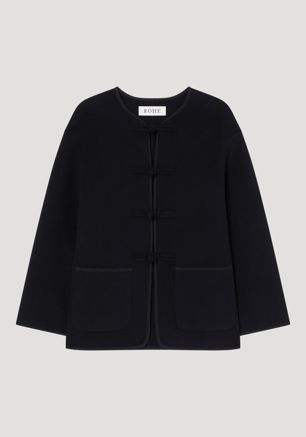 Double-faced wool pankou jacket | black, shown from the front with a collarless neckline, traditional fastening, long sleeves, and two patch pockets