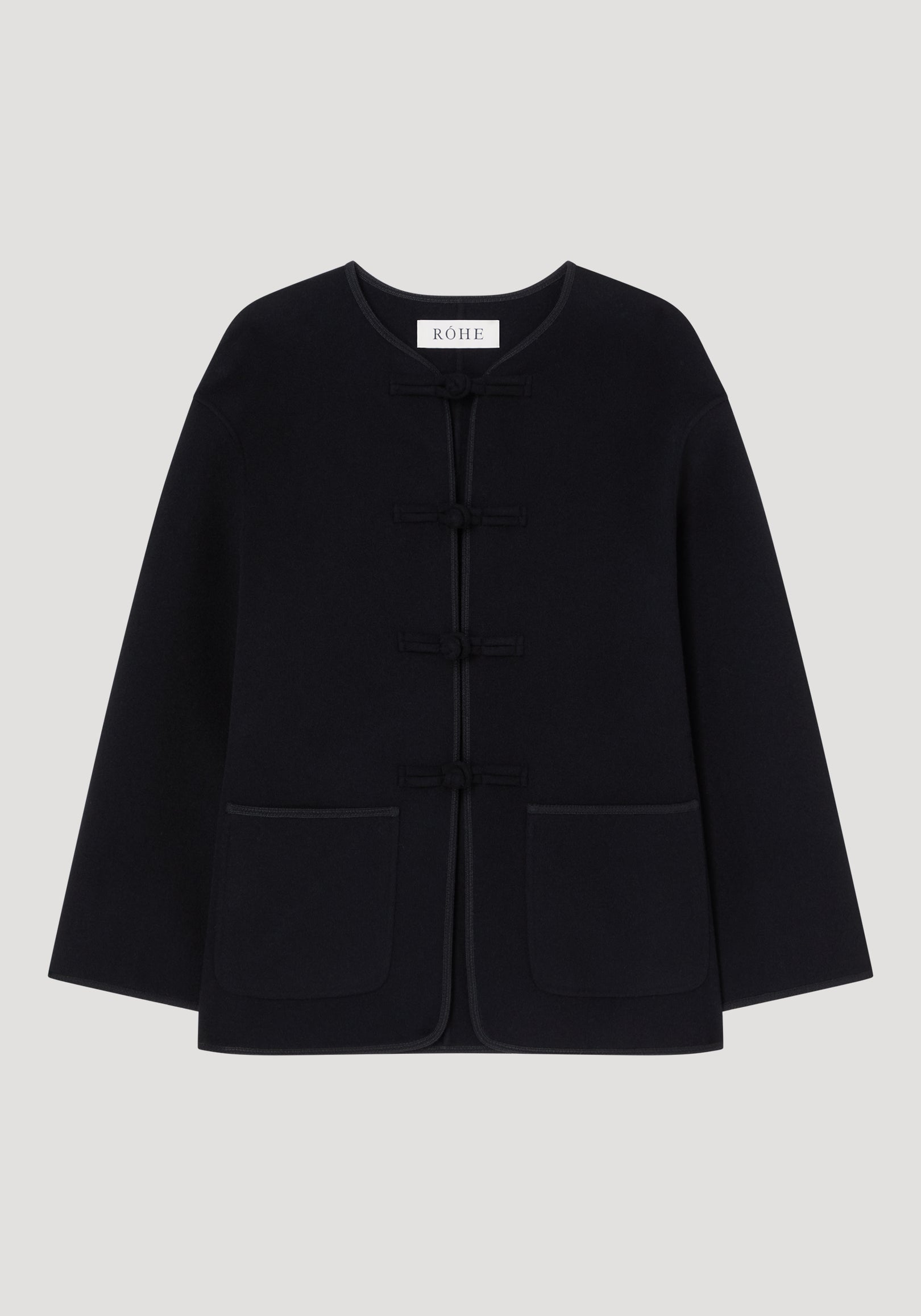 Double-faced wool pankou jacket | black, shown from the front with a collarless neckline, traditional fastening, long sleeves, and two patch pockets