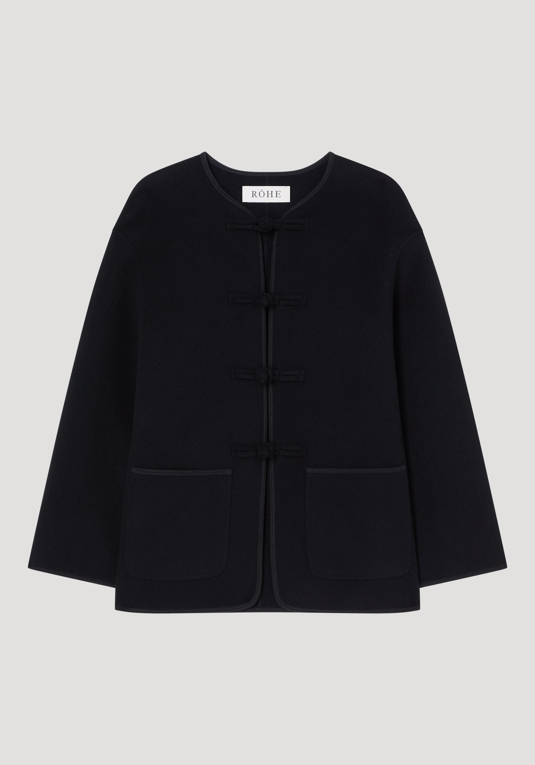 Double-faced wool pankou jacket | black, shown from the front with a collarless neckline, traditional fastening, long sleeves, and two patch pockets