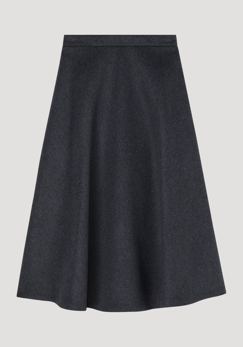 A-line skirt | anthracite melange: Dark charcoal-gray, mid-length A-line skirt with side pockets, seamless zipper, and textured recycled wool blend for a voluminous, soft drape.