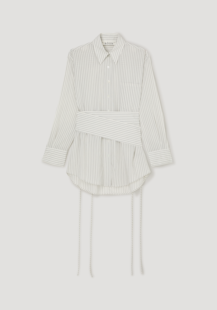 Silk stripe belted shirt with wide, fluid sleeves, asymmetrical sash, and tie-strings, offering a versatile silhouette with a removable waist belt for styling flexibility.
