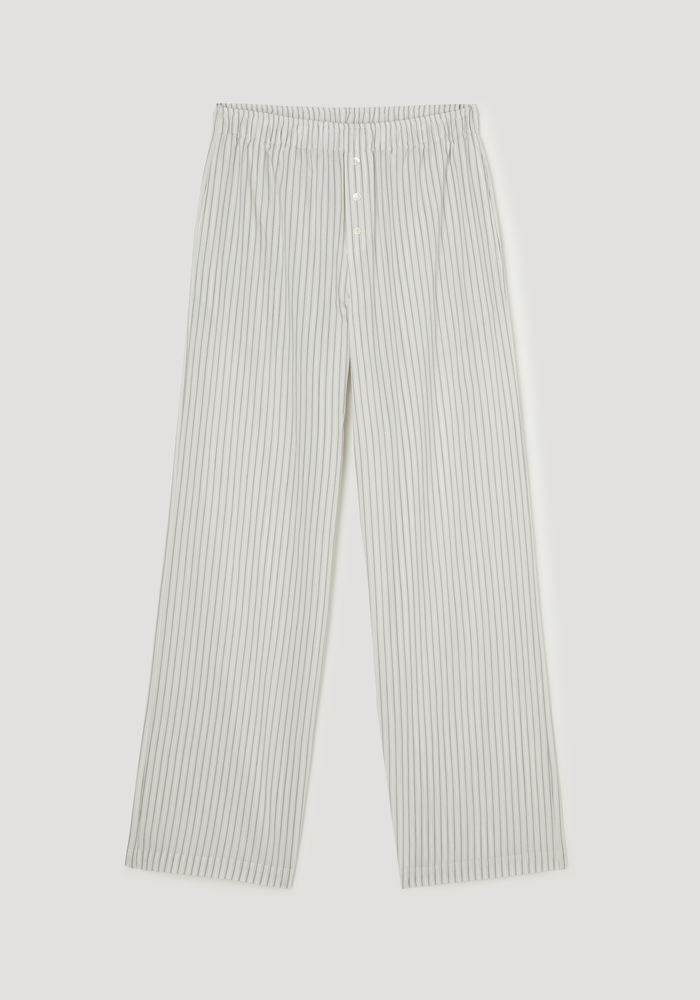 Silk stripe pyjama trousers with a wide-leg design, featuring an elasticated waistband and faux two-button fly, crafted from a cotton-silk blend.