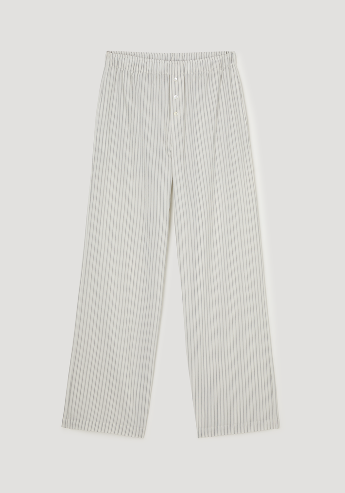 Silk stripe pyjama trousers with wide-leg design, elasticated waistband, faux fly with two-button detailing, featuring fine vertical pinstripes on a cotton-silk blend.